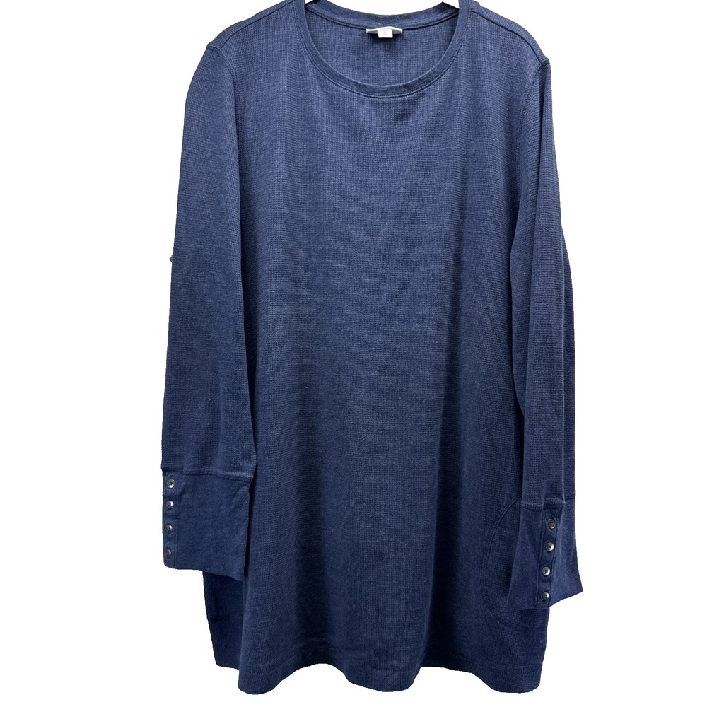 J Jill Womens Tunic Top Size XL Tall Solid Blue Button Long Sleeves Pockets Boho